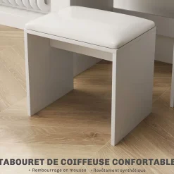 Ensemble coiffeuse miroir avec tabouret - porte, tiroir, 4 étagères, niche - blanc