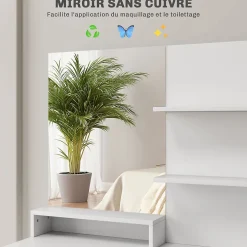 Ensemble coiffeuse miroir avec tabouret - porte, tiroir, 4 étagères, niche - blanc