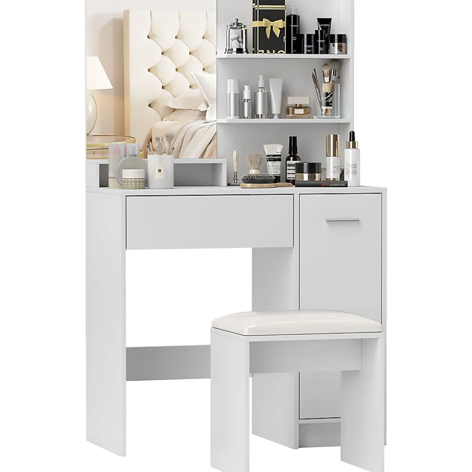 Ensemble coiffeuse miroir avec tabouret - porte, tiroir, 4 étagères, niche - blanc