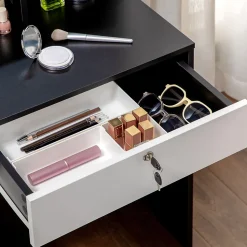 Ensemble coiffeuse tabouret design contemporain multi-rangement 4 tiroirs 4 étagères grand miroir noir blanc