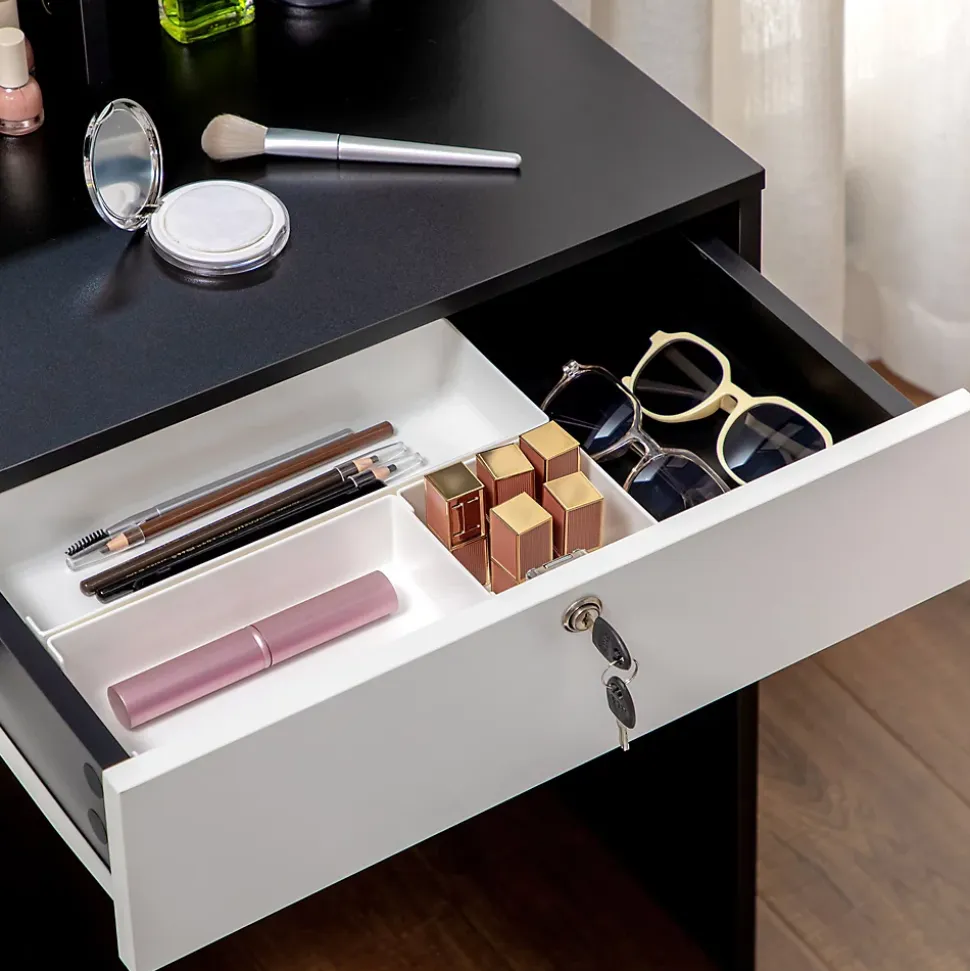 Ensemble coiffeuse tabouret design contemporain multi-rangement 4 tiroirs 4 étagères grand miroir noir blanc