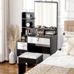 Ensemble coiffeuse tabouret design contemporain multi-rangement 4 tiroirs 4 étagères grand miroir noir blanc