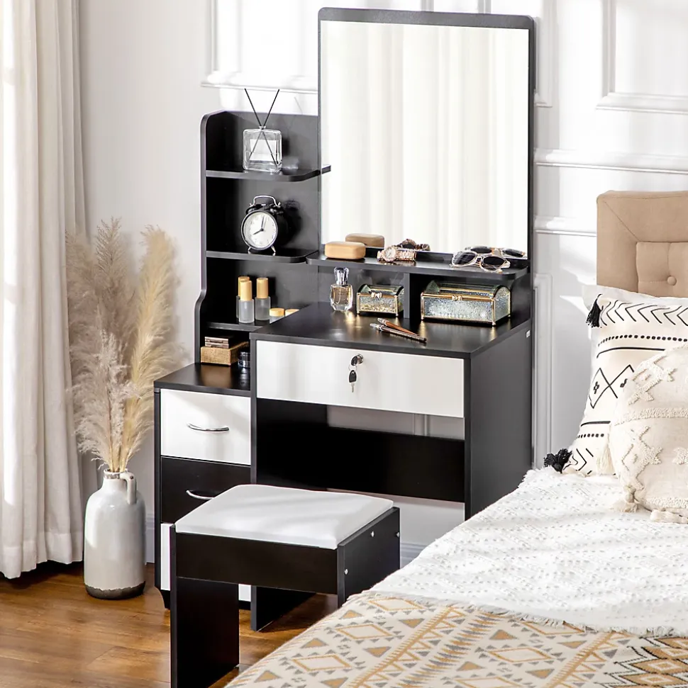 Ensemble coiffeuse tabouret design contemporain multi-rangement 4 tiroirs 4 étagères grand miroir noir blanc