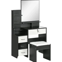 Ensemble coiffeuse tabouret design contemporain multi-rangement 4 tiroirs 4 étagères grand miroir noir blanc
