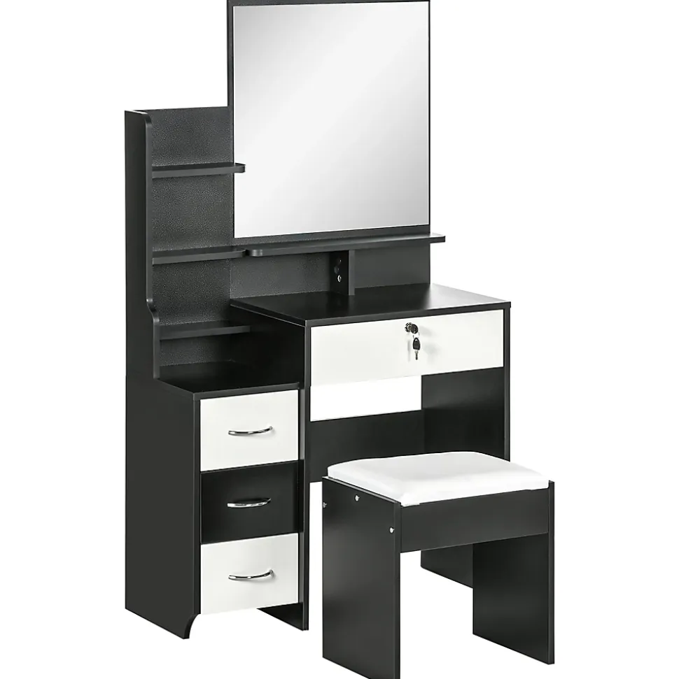 Ensemble coiffeuse tabouret design contemporain multi-rangement 4 tiroirs 4 étagères grand miroir noir blanc