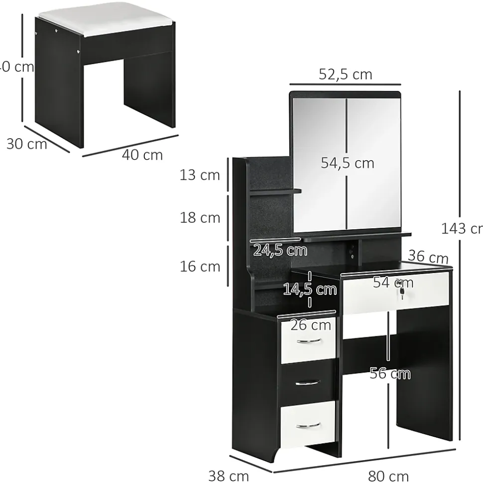 Ensemble coiffeuse tabouret design contemporain multi-rangement 4 tiroirs 4 étagères grand miroir noir blanc