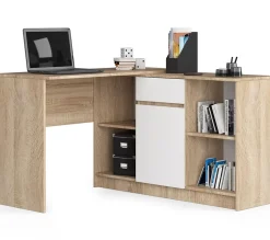 Ensemble d'angle AKORD bureau B17 avec commode Chêne Sonoma 120 cm 1 porte 1 tiroir façade Blanche 6 étagères 120x126x79 cm