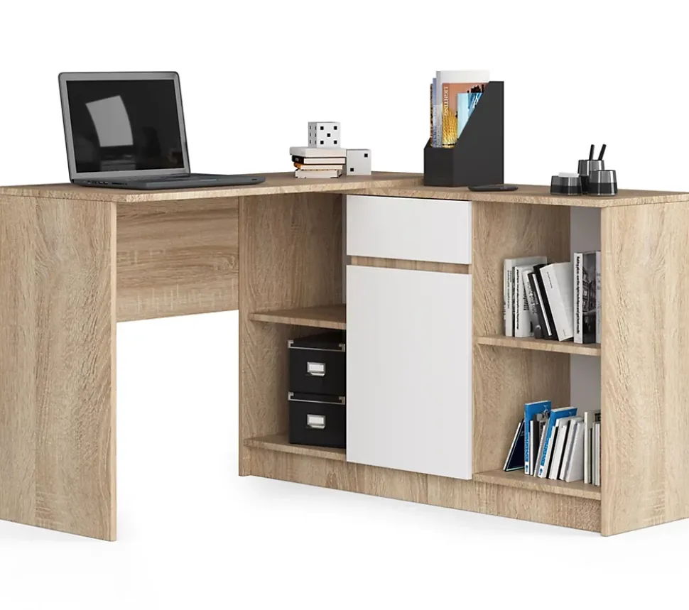 Ensemble d'angle AKORD bureau B17 avec commode Chêne Sonoma 120 cm 1 porte 1 tiroir façade Blanche 6 étagères 120x126x79 cm