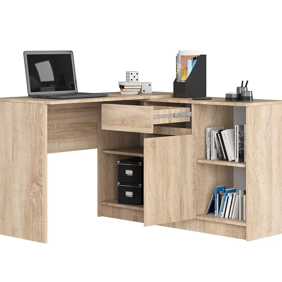 Ensemble d'angle AKORD bureau B17 avec commode Chêne Sonoma 120 cm 1 porte 1 tiroir façade Chêne Sonoma 6 étagères 120x126x79 cm