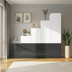 Ensemble d’armoires portes battantes sous pente et/ou comble, blanches et anthracite brillant GoodHome Atomia H. 225 x L. 250 x P. 60 cm