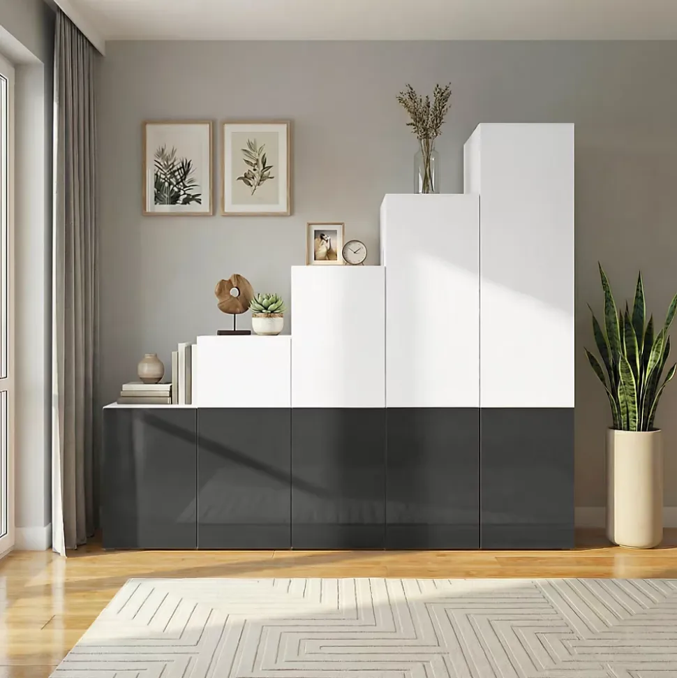 Ensemble d’armoires portes battantes sous pente et/ou comble, blanches et anthracite brillant GoodHome Atomia H. 225 x L. 250 x P. 60 cm