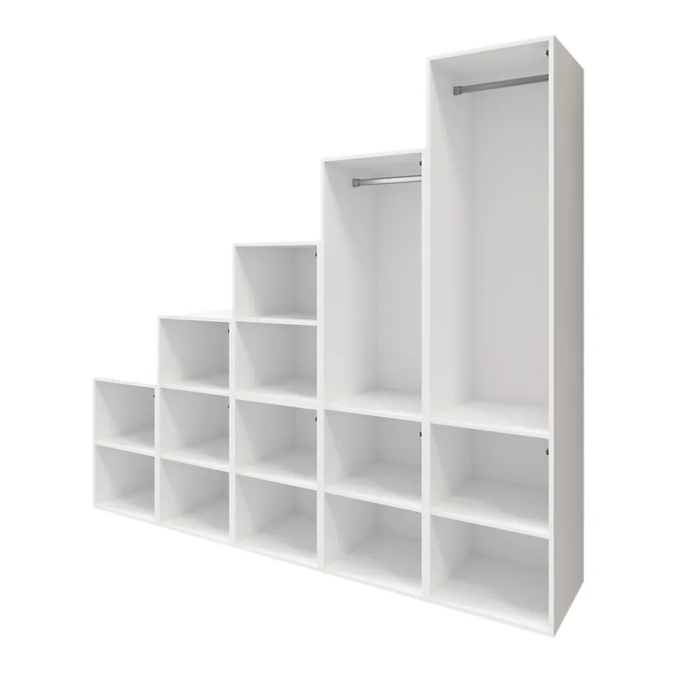 Ensemble d’armoires portes battantes sous pente et/ou comble blanches et effet chêne grisé GoodHome Atomia H. 225 x L. 250 x P. 60 cm