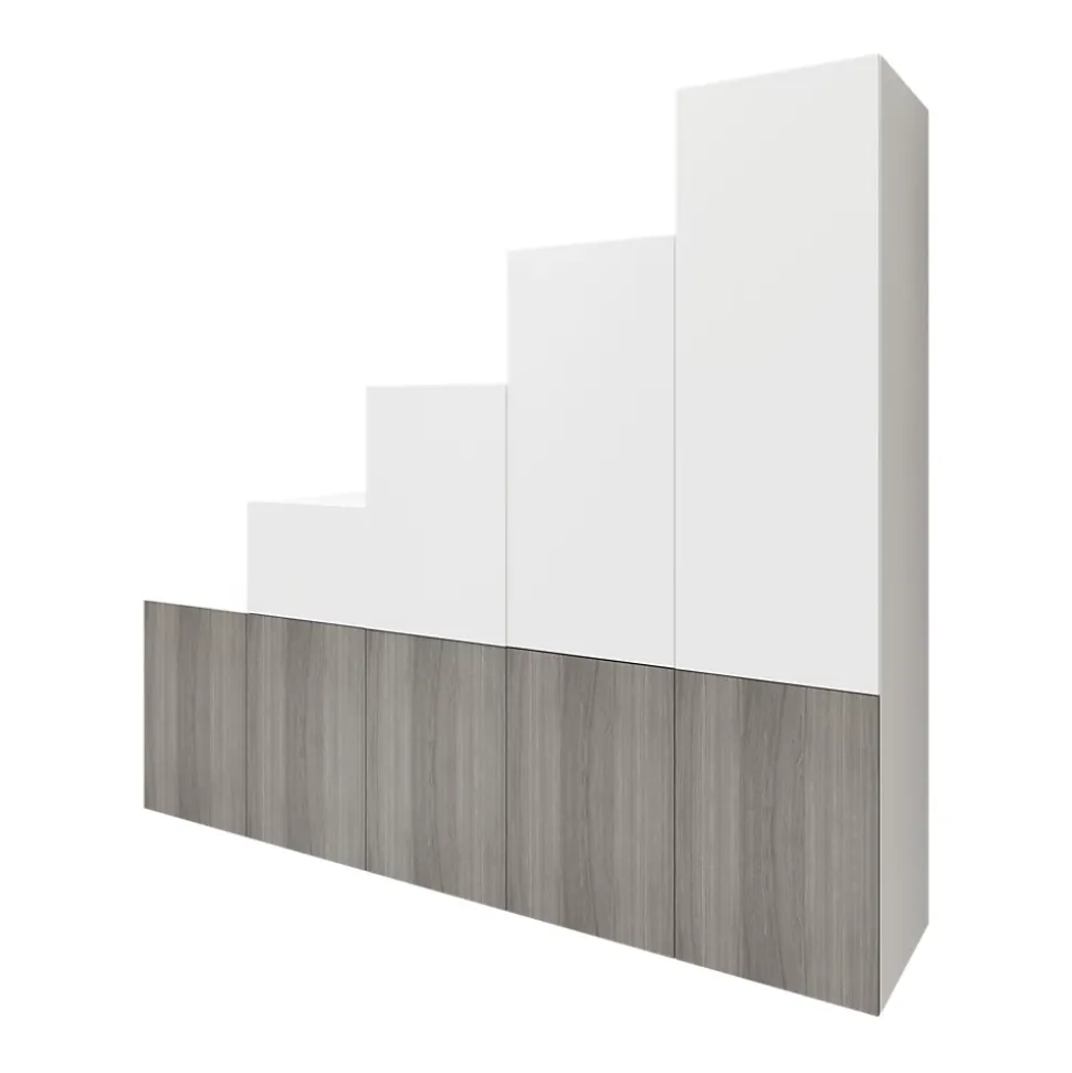 Ensemble d’armoires portes battantes sous pente et/ou comble blanches et effet chêne grisé GoodHome Atomia H. 225 x L. 250 x P. 60 cm