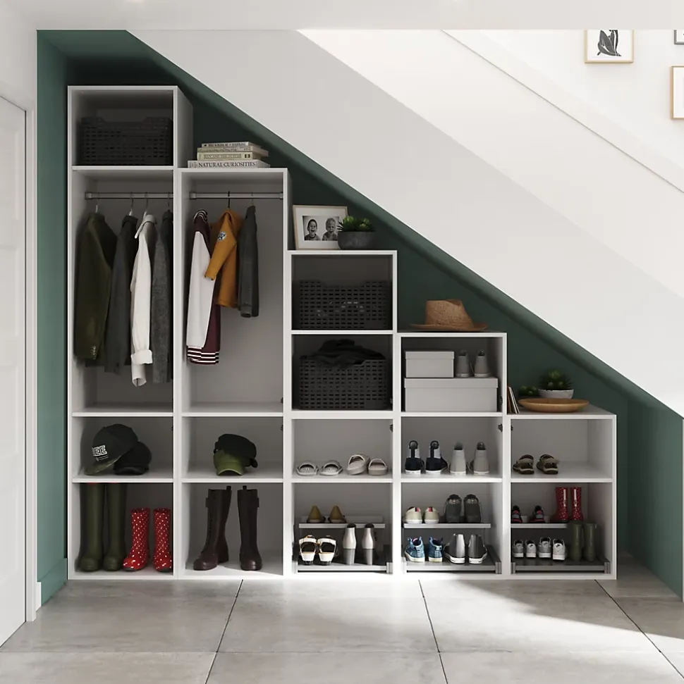 Ensemble d’armoires sous pente et/ou comble blanches et anthracite brillant avec range chaussures GoodHome Atomia H. 225 x L. 250 x P. 60 cm