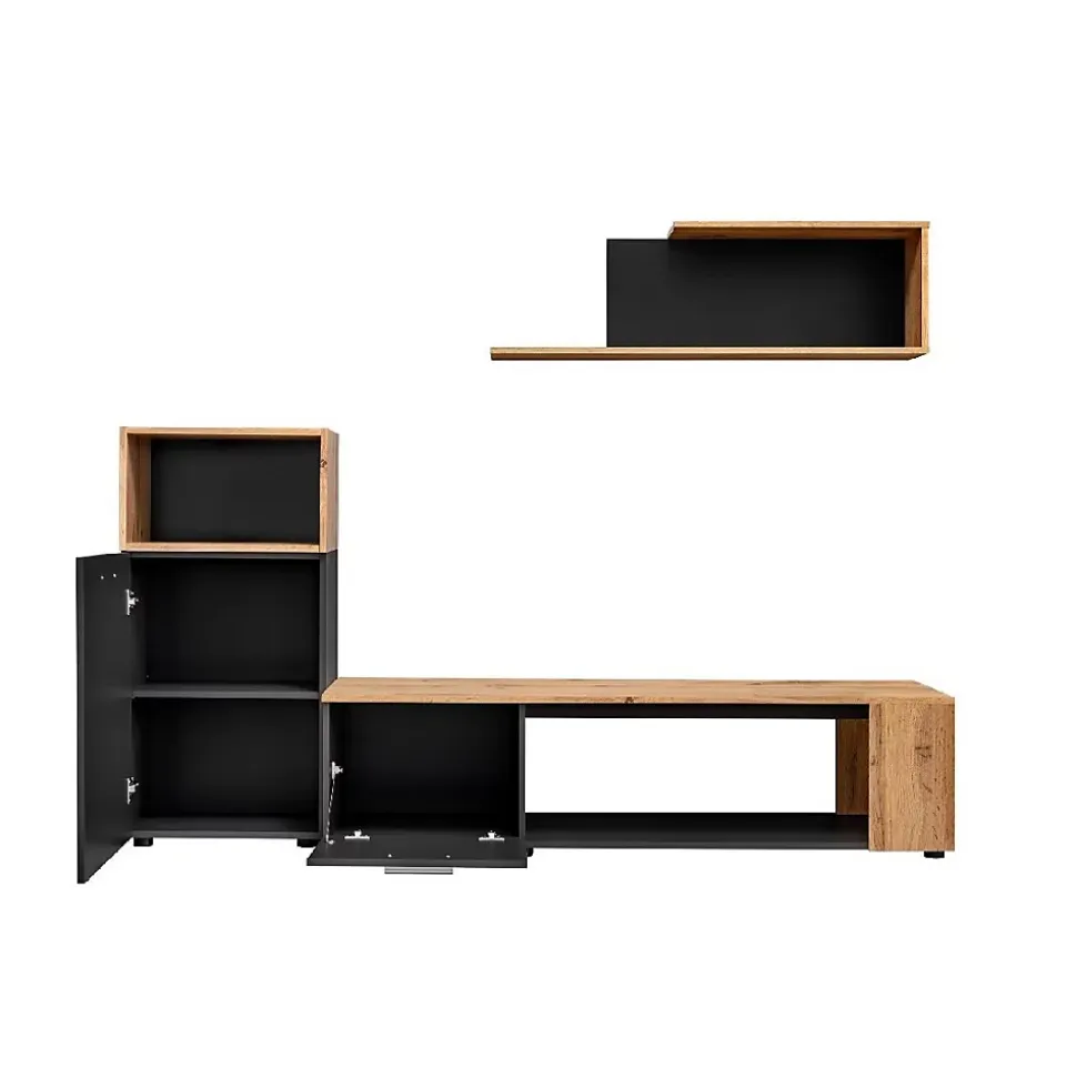 Ensemble de 3 meubles design pour votre salon collection MOZES. Coloris noir et chene
