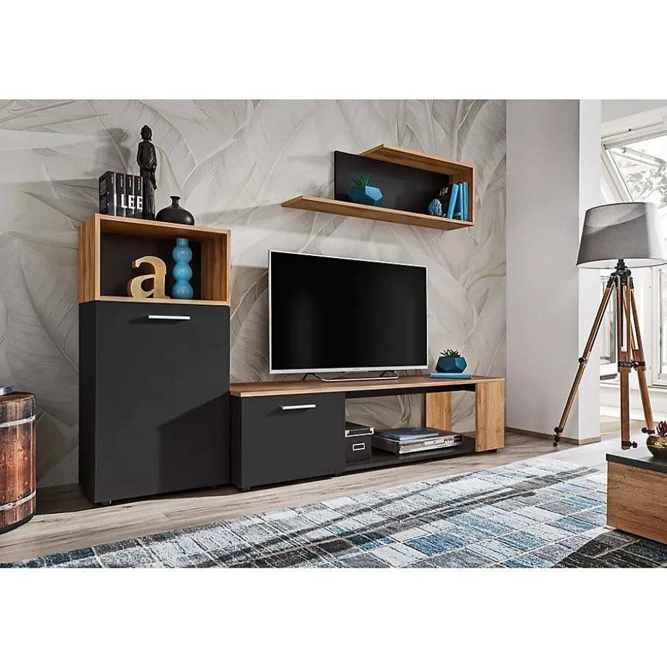 Ensemble de 3 meubles design pour votre salon collection MOZES. Coloris noir et chene
