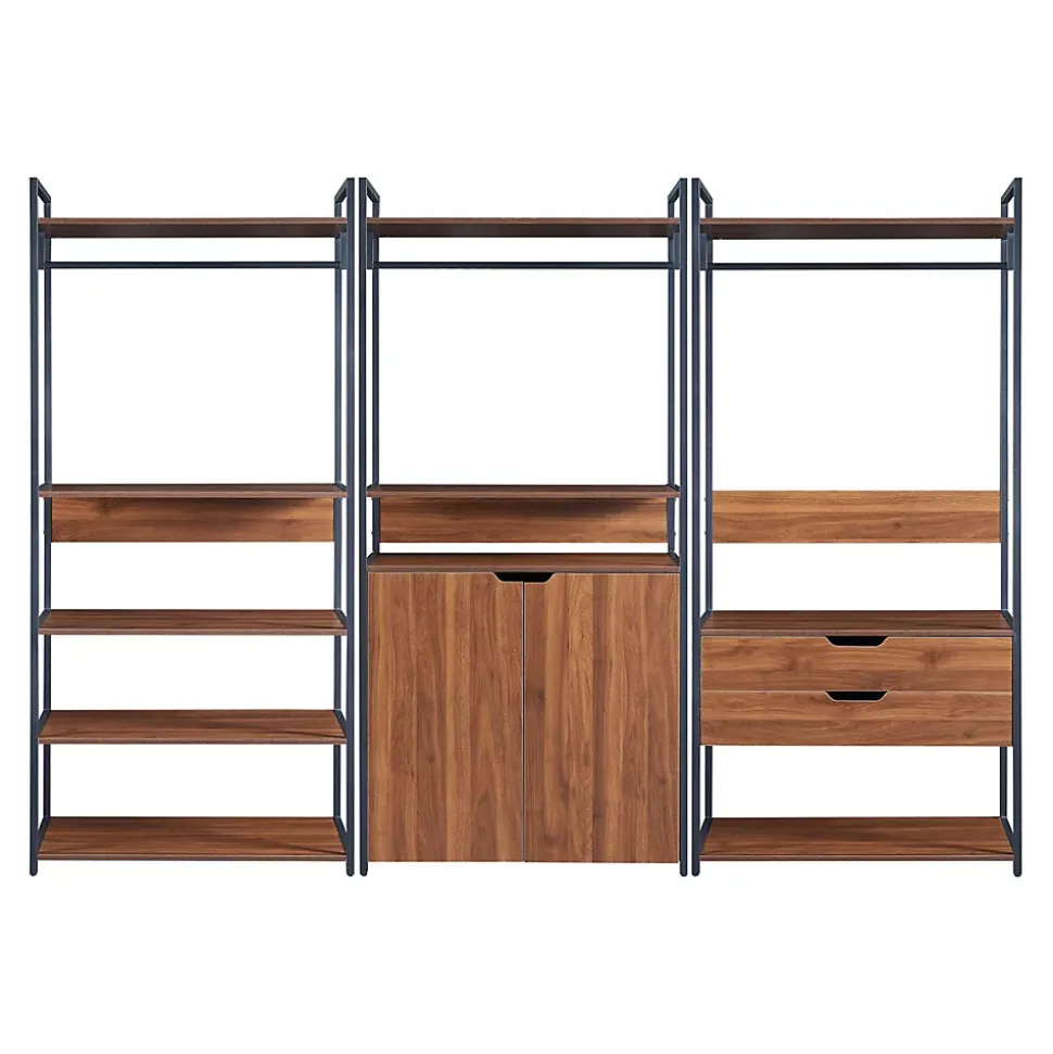 Ensemble de 3 portants à vêtements Larem armoire 2 tiroirs 9 étagères noir effet noyer en.casa
