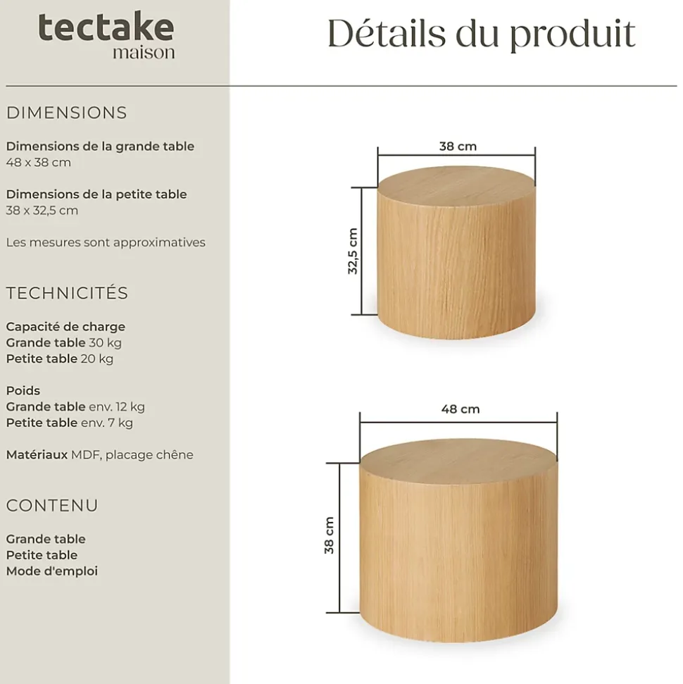 Ensemble de 2 tables basses rondes placage en bois de chêne