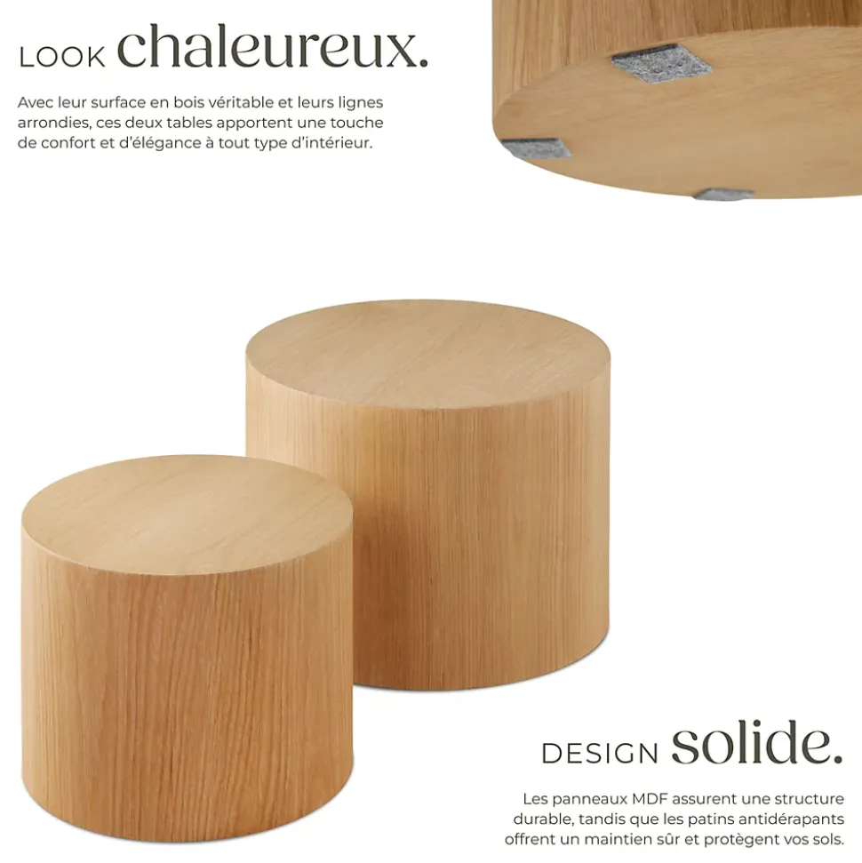Ensemble de 2 tables basses rondes placage en bois de chêne