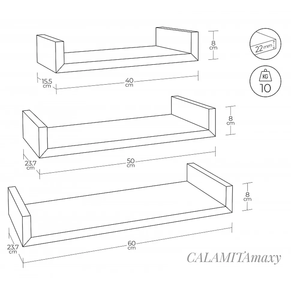 Ensemble de 3 étagères murales design blanches, 60x8x23,7 cm, 50x8x23,7 cm et 40x8x23,7 cm - Maxi Magnet