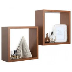 Ensemble de 2 étagères murales, cubes décoratifs, cubes muraux, cerisier, 35x35 d15,5 cm et 31x31 d15,5 cm - Q-Bis
