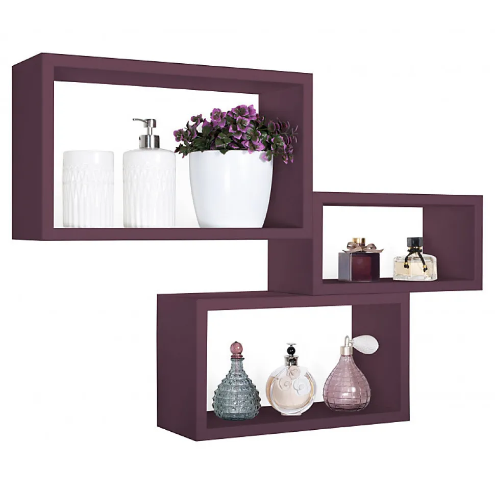Ensemble de 3 étagères murales, bibliothèque flottante, étagère, violet aubergine, 45x27x15,5 cm, 40x22x15,5 cm et 35x17x15,5 cm