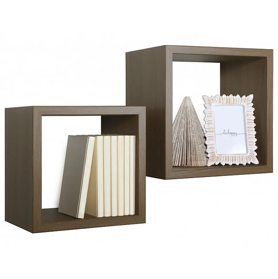 Ensemble de 2 étagères murales Maxi, cubes décoratifs, cubes muraux, chêne tabac, 35x35 d23,7 cm et 31x31 d23,7 cm - Q-Bis
