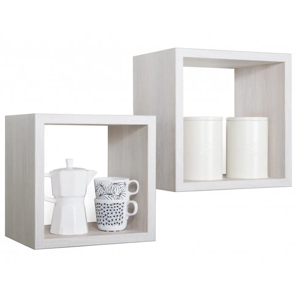 Ensemble de 2 étagères murales Maxi, cubes décoratifs, cubes muraux, chêne blanchi, 35x35 d23,7 cm et 31x31 d23,7 cm - Q-Bis