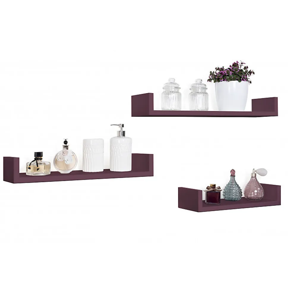 Ensemble de 3 étagères murales design, couleur aubergine, 60 x 8 cm x 15,5 cm, 50 x 8 cm x 15,5 cm et 40 x 8 cm x 15,5 cm