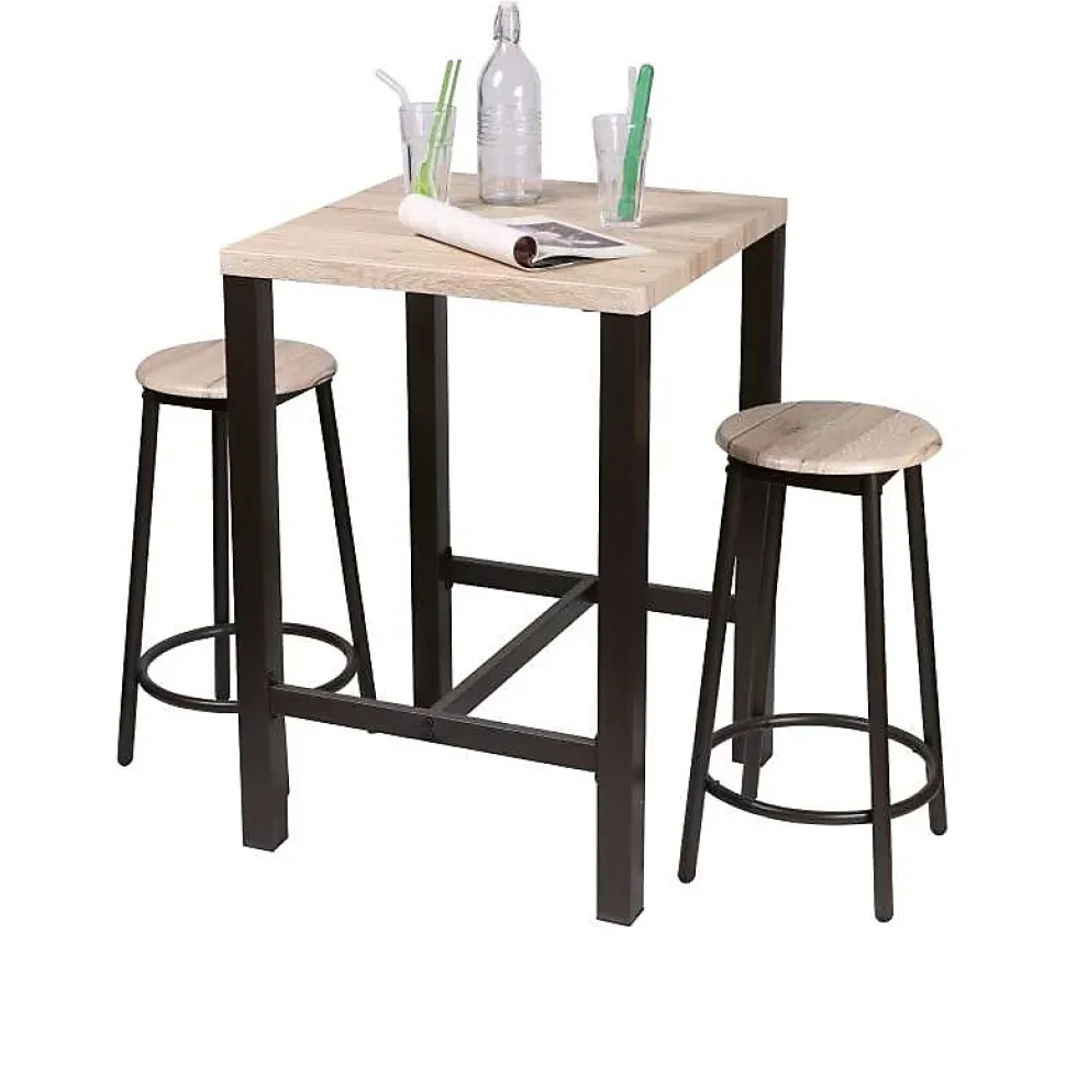 Ensemble de bar carré et 2 tabourets collection DARYL Structure en métal noir et plateau en MDF couleur bois