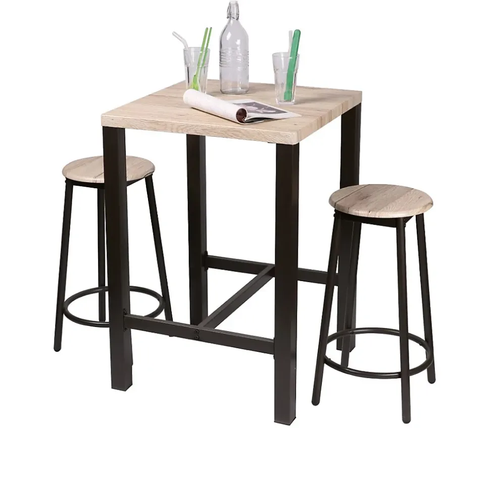 Ensemble de bar carré et 2 tabourets collection DARYL Structure en métal noir et plateau en MDF couleur bois