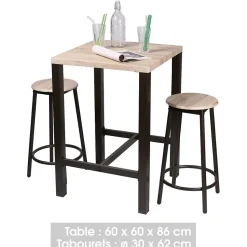 Ensemble de bar carré et 2 tabourets collection DARYL Structure en métal noir et plateau en MDF couleur bois