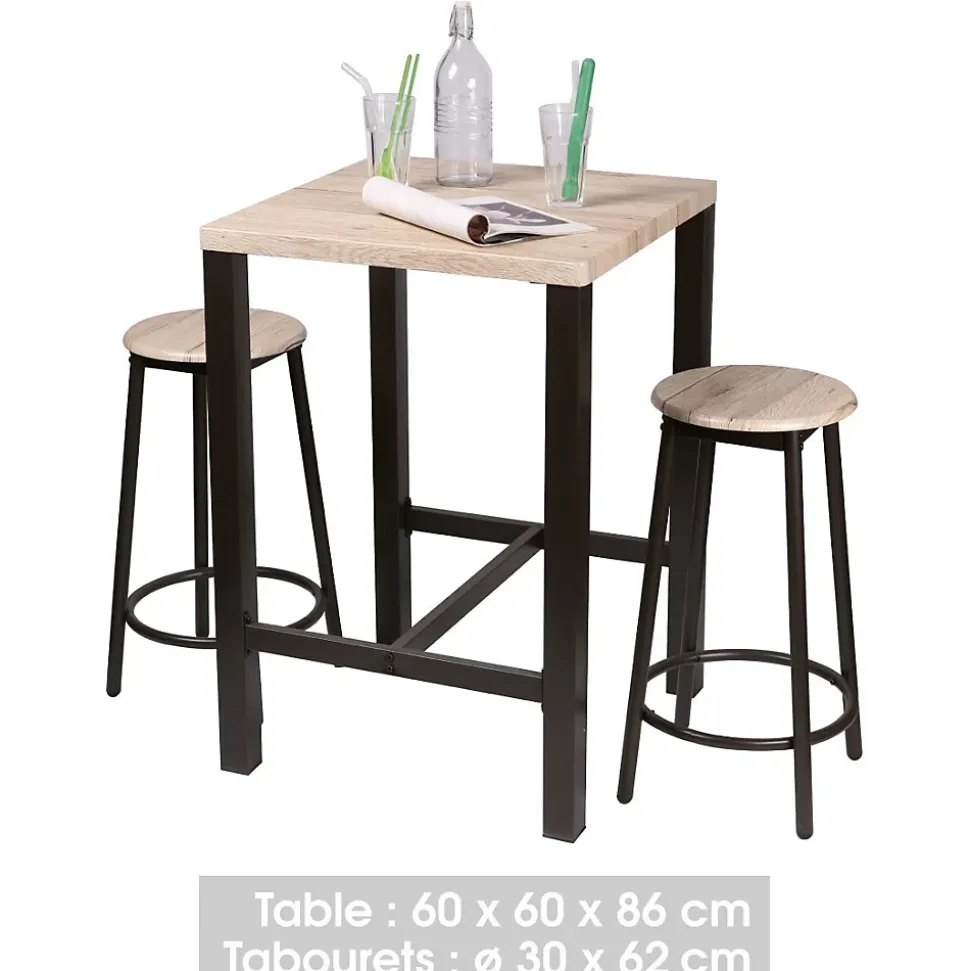 Ensemble de bar carré et 2 tabourets collection DARYL Structure en métal noir et plateau en MDF couleur bois