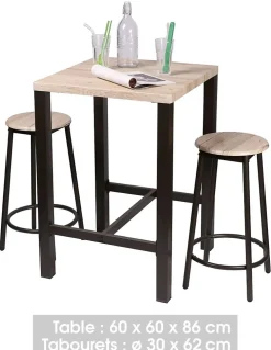 Ensemble de bar carré et 2 tabourets collection DARYL Structure en métal noir et plateau en MDF couleur bois