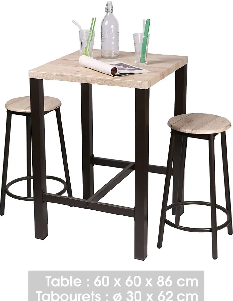 Ensemble de bar carré et 2 tabourets collection DARYL Structure en métal noir et plateau en MDF couleur bois