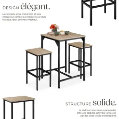 Ensemble de bar En 3 parties Style industriel Table avec 2 tabourets