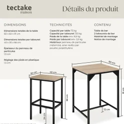 Ensemble de bar En 3 parties Style industriel Table avec 2 tabourets