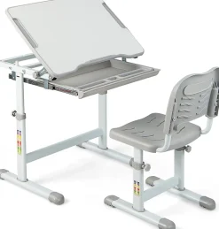 Ensemble de Bureau et de Chaises pour Enfants Réglable en Hauteur Bureau écolier avec Chaise Plateau de Table Réglabl Gris
