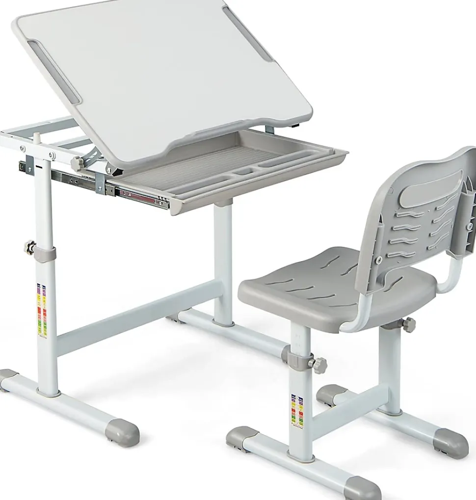 Ensemble de Bureau et de Chaises pour Enfants Réglable en Hauteur Bureau écolier avec Chaise Plateau de Table Réglabl Gris