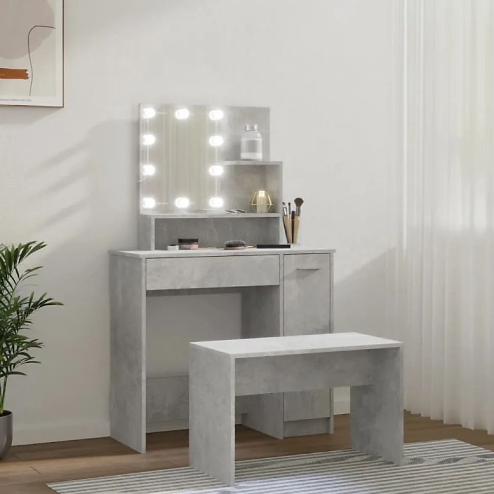 Ensemble de coiffeuse avec LED Gris béton Bois d ingénierie