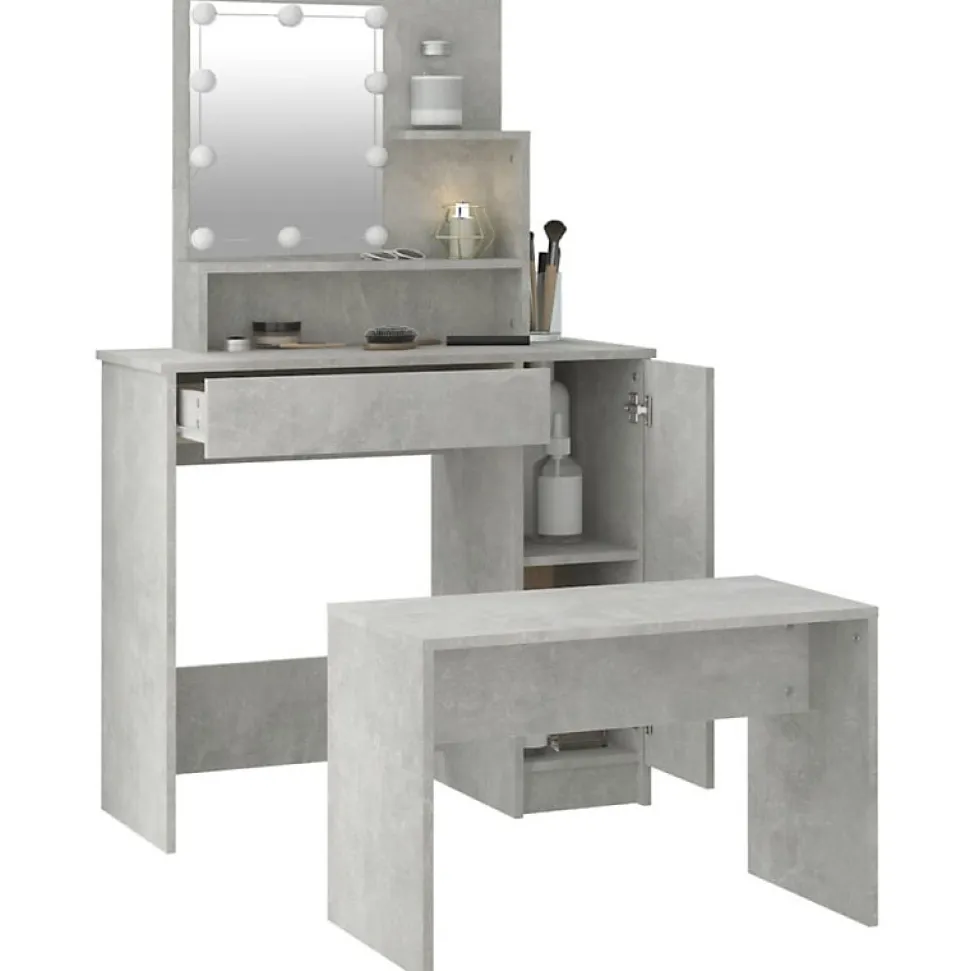 Ensemble de coiffeuse avec LED Gris béton Bois d ingénierie