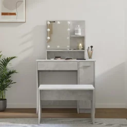 Ensemble de coiffeuse avec LED Gris béton Bois d ingénierie