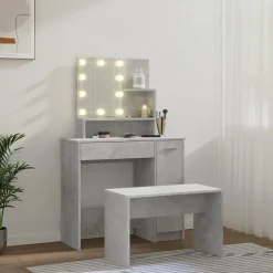 Ensemble de coiffeuse avec LED Gris béton Bois d ingénierie