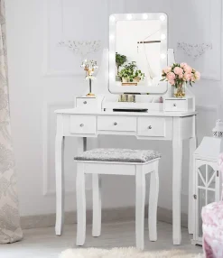 Ensemble de Coiffeuse et de Tabouret avec Miroir Pivotant Luminosites Reglables 5 Tiroirs Boîte de Rangement