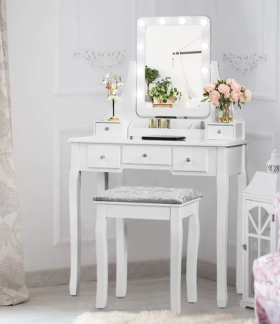 Ensemble de Coiffeuse et de Tabouret avec Miroir Pivotant Luminosites Reglables 5 Tiroirs Boîte de Rangement
