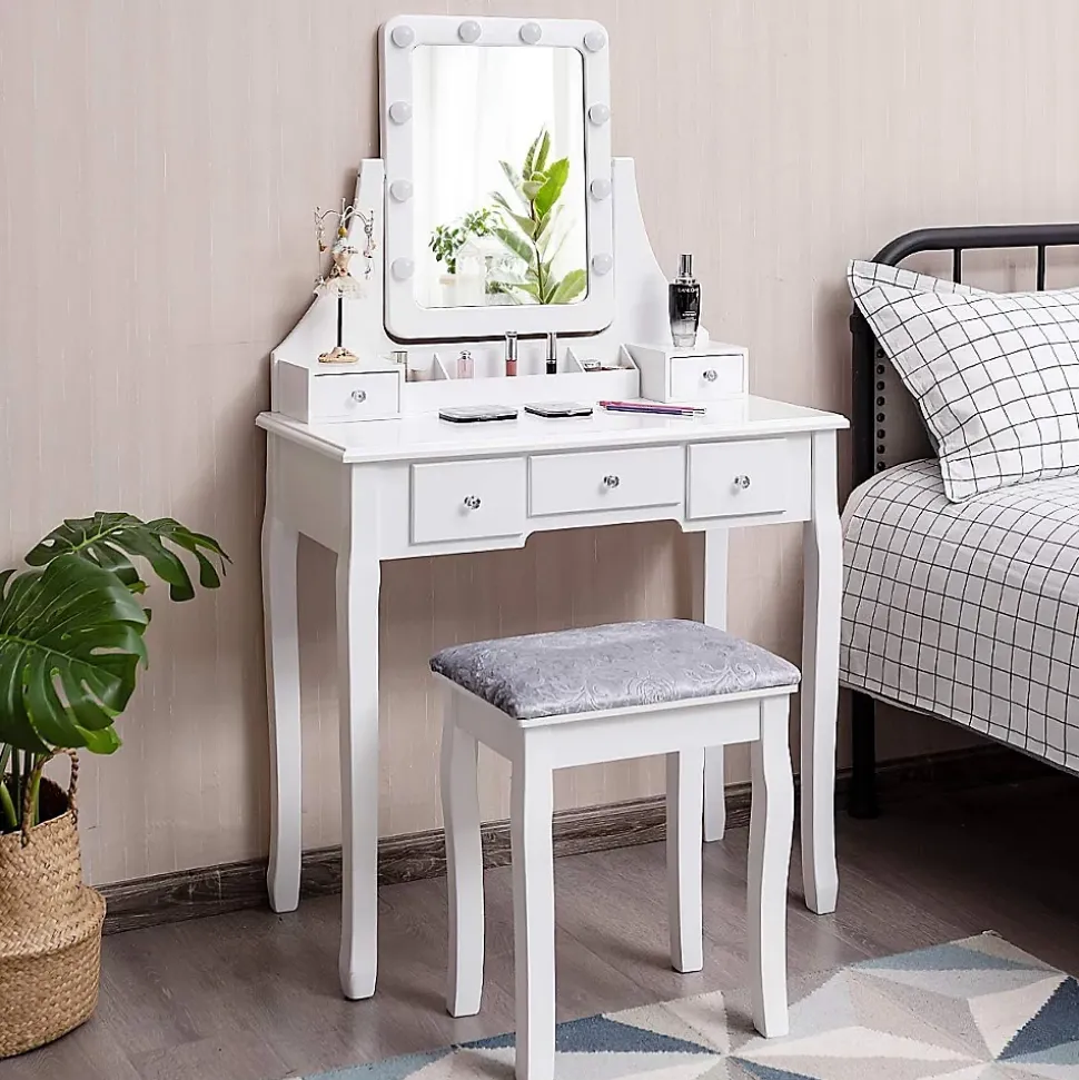 Ensemble de Coiffeuse et de Tabouret avec Miroir Pivotant Luminosites Reglables 5 Tiroirs Boîte de Rangement