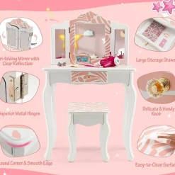 Ensemble de Coiffeuse et Tabouret pour Enfants Miroir Rabattable Tiroir Unique