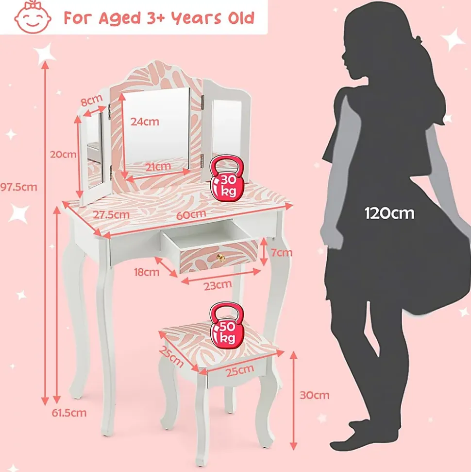 Ensemble de Coiffeuse et Tabouret pour Enfants Miroir Rabattable Tiroir Unique