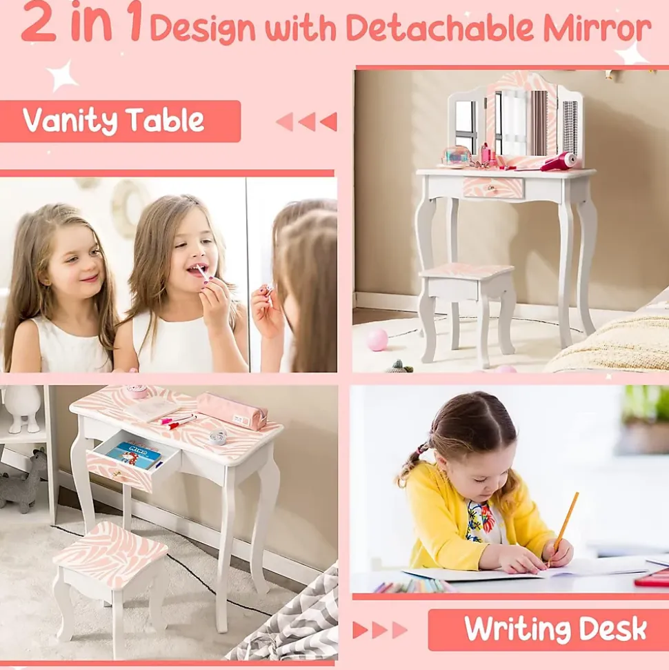 Ensemble de Coiffeuse et Tabouret pour Enfants Miroir Rabattable Tiroir Unique