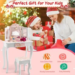 Ensemble de Coiffeuse et Tabouret pour Enfants Miroir Rabattable Tiroir Unique